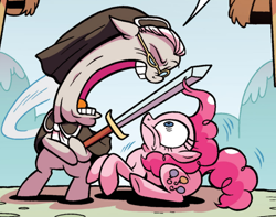 Size: 1046x825 | Tagged: safe, artist:brendahickey, idw, carrie nation, pinkie pie, temperance flowerdew, pony, spoiler:comic, spoiler:comic63, cropped, disproportional anatomy, duo, faic, female, mare, official comic, open mouth, sword, volumetric mouth, wat, weapon, wtf