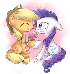 Size: 1360x1435 | Tagged: source needed, safe, artist:tcn1205, applejack, rarity, earth pony, pony, unicorn, blushing, cute, eyes closed, female, food, ice cream, lesbian, licking, mare, rarijack, shipping, simple background, tongue out