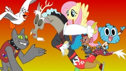 Size: 1280x720 | Tagged: safe, discord, fluttershy, rover, diamond dog, pegasus, pony, gradient background, gumball watterson, scuttle, the amazing world of gumball