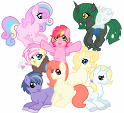 Size: 875x800 | Tagged: safe, artist:unoriginai, princess skyla, oc, oc only, oc:ambrosia, oc:ares, oc:magic act, oc:prince dawn, oc:princess larva, oc:sugar crash, oc:unnatural, changeling, changeling queen, draconequus, earth pony, hybrid, pegasus, pony, unicorn, bedroom eyes, changeling oc, changeling queen oc, cute, fanfic, fanfic art, fanfic cover, female, flying, group, interspecies offspring, looking at you, magical lesbian spawn, next generation, offspring, open mouth, parent:applejack, parent:big macintosh, parent:discord, parent:fluttershy, parent:pinkie pie, parent:prince blueblood, parent:princess cadance, parent:princess celestia, parent:princess luna, parent:queen chrysalis, parent:rainbow dash, parent:rarity, parent:shining armor, parent:trixie, parent:twilight sparkle, parents:bluetrix, parents:canon x oc, parents:discoshy, parents:lunamac, parents:pinkiedash, parents:rarijack, parents:shiningcadance, parents:twilestia, prone, simple background, sitting, smiling, spread wings, white background