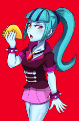 Size: 800x1238 | Tagged: safe, artist:tzc, sonata dusk, equestria girls, rainbow rocks, clothes, female, food, gem, multicolored hair, nail polish, ponytail, red background, simple background, siren gem, skirt, solo, sonataco, spiked wristband, taco, that girl sure loves tacos, wristband