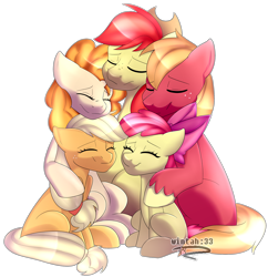 Size: 2500x2579 | Tagged: safe, artist:wintah33, apple bloom, applejack, big macintosh, bright mac, pear butter, earth pony, pony, the perfect pear, apple family, applejack's parents, brightbutter, eyes closed, female, filly, freckles, hug, male, mare, shipping, simple background, smiling, stallion, straight, the whole apple family, transparent background, unshorn fetlocks