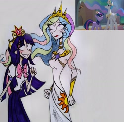 Size: 2686x2644 | Tagged: safe, artist:citi, screencap, princess celestia, twilight sparkle, twilight sparkle (alicorn), alicorn, human, princess twilight sparkle (episode), big crown thingy, element of magic, humanized, jewelry, regalia, scene interpretation, screencap reference