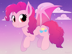 Size: 4000x3000 | Tagged: safe, artist:moozua, derpibooru exclusive, pinkie pie, bat, bat pony, pony, bat ponified, cloud, cute, cute little fangs, diapinkes, digital art, fangs, female, flying, high res, looking at you, mare, pinkiebat, race swap, red eyes, smiling, solo, stars