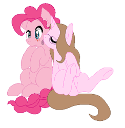 Size: 364x373 | Tagged: safe, artist:bluemoonbluepony, bubble berry, pinkie pie, oc, oc:cindy, alicorn, earth pony, pony, base used, canon x oc, female, licking, male, mare, rule 63, simple background, stallion, straight, tongue out, white background