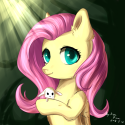 Size: 1024x1024 | Tagged: safe, artist:rikadiane, angel bunny, fluttershy, pegasus, pony, bust, duo, female, folded wings, looking at you, mare, portrait