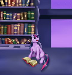 Size: 2400x2492 | Tagged: safe, artist:stormcrow-42, derpibooru import, twilight sparkle, book, bookshelf, filly, filly twilight sparkle, fluffy, night sky, open mouth, solo, stars, studying