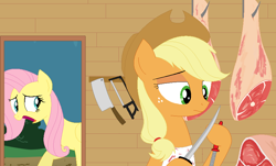 Size: 838x506 | Tagged: safe, artist:hyolark, applejack, fluttershy, earth pony, pegasus, pony, butcher, female, food, hacksaw, knife, mare, meat, meat cleaver, ms paint, ponies eating meat, shocked