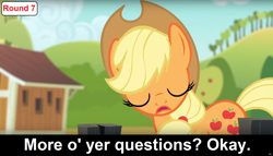 Size: 1600x914 | Tagged: safe, applejack, earth pony, pony, comic:celestia's servant interview, caption, cs captions, female, interview, mare, sweet apple acres, tired