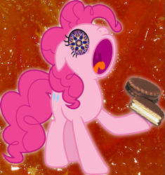 Size: 867x922 | Tagged: safe, edit, pinkie pie, earth pony, pony, food, kaleidoscope, marmalade, marshmallow, marshmallow pie, nightmare fuel, psychedelic, solo, song reference, the beatles, tripping, tripping balls, trippy