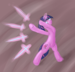 Size: 948x904 | Tagged: safe, artist:vabla, derpibooru import, twilight sparkle, pony, bipedal, magic, solo, telekinesis