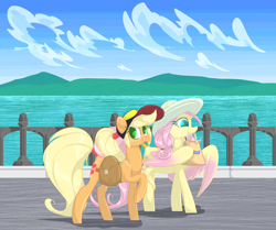 Size: 2755x2300 | Tagged: safe, artist:ogaraorcynder, applejack, fluttershy, earth pony, pegasus, pony, alternate hairstyle, aplflu, appleshy, cap, cinnabon, cloud, colored wings, cute, female, freckles, hat, jackabetes, lesbian, mare, saddle bag, shipping, shyabetes, sky, smiling, walking, water