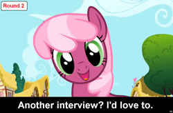 Size: 1024x672 | Tagged: safe, cheerilee, earth pony, pony, comic:celestia's servant interview, caption, female, interview, mare, meta, solo