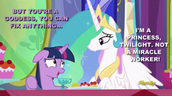 Size: 844x472 | Tagged: safe, edit, edited screencap, screencap, princess celestia, twilight sparkle, twilight sparkle (alicorn), alicorn, pony, unicorn, no second prances, caption, discovery family logo, duo, female, floppy ears, image macro, mare, reality ensues, text