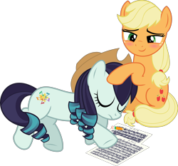 Size: 5228x4867 | Tagged: safe, artist:jhayarr23, applejack, coloratura, earth pony, pony, absurd resolution, accessory swap, applejack's hat, blushing, cowboy hat, cuddling, eyes closed, female, hat, lesbian, mare, paper, pencil, rarajack, shipping, simple background, sleeping, transparent background, vector