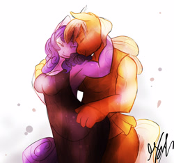 Size: 4352x4075 | Tagged: safe, artist:shellielle, applejack, rarity, anthro, earth pony, unicorn, absurd resolution, alternate universe, armpits, breasts, cleavage, clothes, cute, dress, eyes closed, female, hug, hug from behind, lesbian, mare, rarijack, shipping, signature, simple background, tanktop