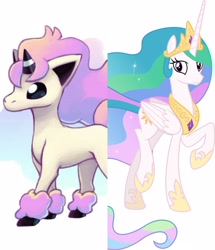 Size: 3289x3825 | Tagged: safe, artist:parclytaxel, princess celestia, alicorn, pony, unicorn, comparison, galarian ponyta, pokémon, pokémon sword and shield, ponyta