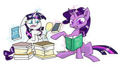 Size: 1024x643 | Tagged: safe, artist:pixernosse, derpibooru import, rarity, twilight sparkle, pony, unicorn, alternate hairstyle, book, mane swap, mirror, simple background, white background