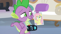 Size: 1920x1080 | Tagged: safe, screencap, fluttershy, spike, dragon, pegasus, pony, non-compete clause, camera, discovery family logo, faic, female, male, mare, out of context, photo, red eye, smiling, spike's photo