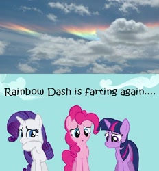 Size: 430x463 | Tagged: safe, derpibooru import, edit, edited screencap, screencap, pinkie pie, rarity, twilight sparkle, earth pony, pony, unicorn, read it and weep, female, implied farting, mare, meme, rainbow