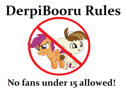 Size: 900x668 | Tagged: safe, featherweight, scootaloo, blatant lies, derpibooru, fake, meta, prohibition sign, rules