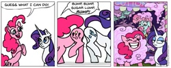 Size: 939x374 | Tagged: safe, artist:gingerfoxy, pinkie pie, rarity, earth pony, pony, unicorn, pony comic generator, bump bump sugar lump rump, butt to butt, butt touch, comic, cotton candy, cotton candy vendor, papa beard, simple background, white background