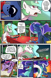 Size: 1800x2740 | Tagged: safe, artist:candyclumsy, princess celestia, princess luna, twilight sparkle, twilight sparkle (alicorn), alicorn, dragon, pony, comic:celestia's cronenberg, bickering sisters, book, comic, commissioner:bigonionbean, cutie mark, dialogue, dragoness, dragonified, dragonlestia, female, fire, food, laughing, lunadragon, mare, meat, moonbutt, prone, sneezing, species swap, steak, tail slap, writer:bigonionbean