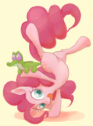 Size: 786x1067 | Tagged: safe, artist:noupu, gummy, pinkie pie, earth pony, pony, female, hoof stand, looking at you, mare, pinkie being pinkie, simple background, upside down