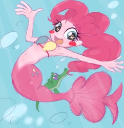 Size: 900x929 | Tagged: safe, artist:noupu, gummy, pinkie pie, mermaid, equestria girls, my little pony: the movie, armpits, belly button, bikini, bikini top, clothes, looking at you, mermaidized, midriff, species swap, starry eyes, swimsuit, underwater, wingding eyes