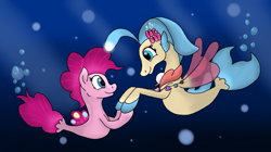 Size: 1972x1104 | Tagged: safe, artist:boushi33, pinkie pie, princess skystar, pony, seapony (g4), my little pony: the movie, duo, female, ocean, one small thing, seaponified, seapony pinkie pie, species swap, underwater