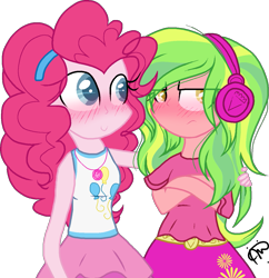 Size: 1205x1247 | Tagged: safe, artist:thepegasisterpony, lemon zest, pinkie pie, equestria girls, blushing, clothes, crossed arms, female, headphones, lemonpie, lesbian, shipping, side hug, simple background, skirt, transparent background