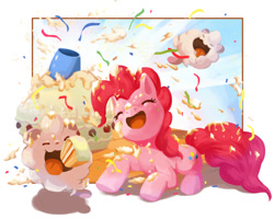 Size: 820x657 | Tagged: safe, artist:oldwu, pinkie pie, earth pony, pony, cake, crossover, cute, female, food, party cannon, pokémon, streamers, swirlix