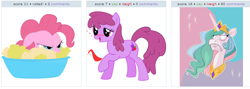 Size: 786x281 | Tagged: safe, derpibooru import, berry punch, berryshine, pinkie pie, princess celestia, alicorn, earth pony, pony, derpibooru, exploitable meme, juxtaposition, juxtaposition win, meta