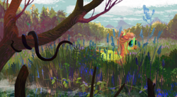 Size: 1024x562 | Tagged: safe, artist:wolfiedrawie, fluttershy, pegasus, pony, snake, female, folded wings, looking sideways, mare, marsh, outdoors, reed, reeds, scenery, smiling, solo, swamp, tree, water