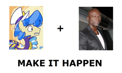 Size: 1337x796 | Tagged: safe, sapphire shores, earth pony, pony, seal, all caps, clothes, exploitable meme, make it happen, male, meme, meta, rule 63, stallion