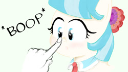 Size: 1130x642 | Tagged: safe, artist:fromamida, coco pommel, pony, :o, blushing, boop, bust, cute, disembodied hand, female, hand, mare, nose wrinkle, offscreen character, simple background, white background, wide eyes