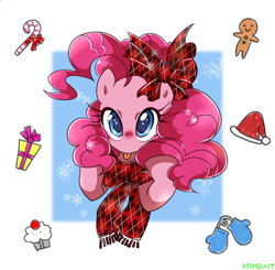 Size: 1100x1080 | Tagged: safe, artist:potetecyu_to, pinkie pie, earth pony, pony, abstract background, bow, candy, candy cane, christmas, clothes, cupcake, cute, diapinkes, female, food, gingerbread (food), gingerbread man, hat, holiday, looking at you, mare, present, ribbon, santa hat, scarf, solo, tongue out