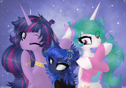 Size: 4542x3204 | Tagged: safe, artist:darkest-lunar-flower, princess celestia, princess luna, princess twilight 2.0, twilight sparkle, twilight sparkle (alicorn), alicorn, pony, the last problem, clothes, female, mare, one eye closed, royal sisters, size difference, smol, tongue out, trio, wink