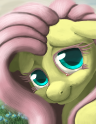 Size: 1391x1800 | Tagged: safe, alternate version, artist:noctomaeus, fluttershy, pegasus, pony, blushing, bust, cropped, female, flower, looking at you, mare, portrait