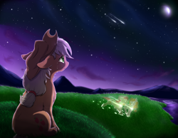 Size: 4500x3500 | Tagged: safe, artist:96paperkuts, applejack, bright mac, pear butter, earth pony, pony, the perfect pear, absurd resolution, applejack's parents, brightbutter, cowboy hat, crying, feels, female, grass, hat, male, moon, night, night sky, shipping, shooting star, sitting, sky, stars, stetson, straight