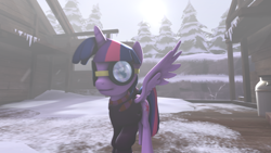 Size: 1920x1080 | Tagged: safe, artist:the-lunar-brony, derpibooru import, twilight sparkle, twilight sparkle (alicorn), alicorn, pony, 3d, building, female, goggles, looking at you, mare, snow, source filmmaker, winter coat
