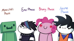 Size: 960x540 | Tagged: safe, artist:theodd1sout, pinkie pie, earth pony, pony, anime, choker, creeper, dragon ball z, emo, eyebrow piercing, glowing eyes, goku, minecraft, piercing, red eyes, simple background, snake bites, spiked choker, spiked wristband, video, white background, wristband, youtube, youtuber