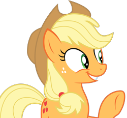 Size: 3638x3375 | Tagged: safe, artist:sketchmcreations, applejack, earth pony, pony, the perfect pear, cute, jackabetes, raised hoof, simple background, smiling, solo, transparent background, vector