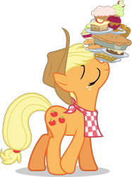 Size: 3749x5000 | Tagged: safe, artist:dashiesparkle, applejack, earth pony, pony, a bird in the hoof, .svg available, absurd resolution, apple, apple pie, balancing, caramel apple (food), cupcake, eyes closed, female, food, high res, mare, pie, ponies balancing stuff on their nose, simple background, solo, transparent background, vector