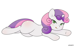 Size: 1280x796 | Tagged: safe, artist:zoarity, sweetie belle, pony, unicorn, bedroom eyes, blushing, butt blush, female, filly, licking, licking lips, looking at you, prone, simple background, solo, tongue out, underhoof, white background