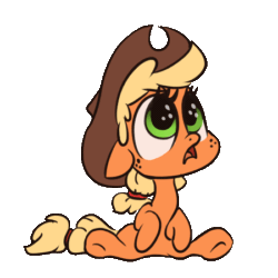 Size: 450x450 | Tagged: safe, artist:assasinmonkey, applejack, earth pony, pony, animated, chibi, cute, female, floppy ears, frown, gif, headbob, jackabetes, leg twitch, looking up, mare, open mouth, sad, simple background, sitting, solo, transparent background, underhoof, weapons-grade cute