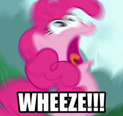 Size: 760x719 | Tagged: safe, edit, edited screencap, screencap, pinkie pie, earth pony, pony, too many pinkie pies, blurry, excessive exclamation marks, faic, image macro, meme, not salmon, wat, wheeze