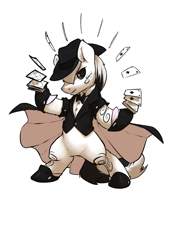 Size: 1280x1894 | Tagged: safe, artist:atryl, oc, oc only, oc:ace sleeves, pony, bowtie, card, clothes, coat markings, fedora, hat, looking at you, magic, magic trick, magician, male, playing card, simple background, solo, stallion, suit, white background