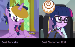 Size: 898x564 | Tagged: safe, derpibooru import, sci-twi, twilight sparkle, twilight sparkle (alicorn), alicorn, castle sweet castle, equestria girls, friendship games, cinnamon bun, comparison, i'm pancake, pancakes