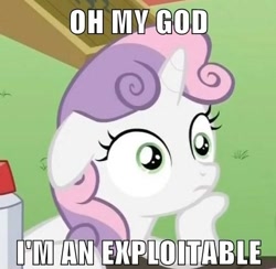 Size: 500x487 | Tagged: safe, edit, edited screencap, screencap, sweetie belle, pony, unicorn, ponyville confidential, female, filly, horn, meme, meta, solo, sudden clarity sweetie belle, text, two toned mane, white coat, wide eyes